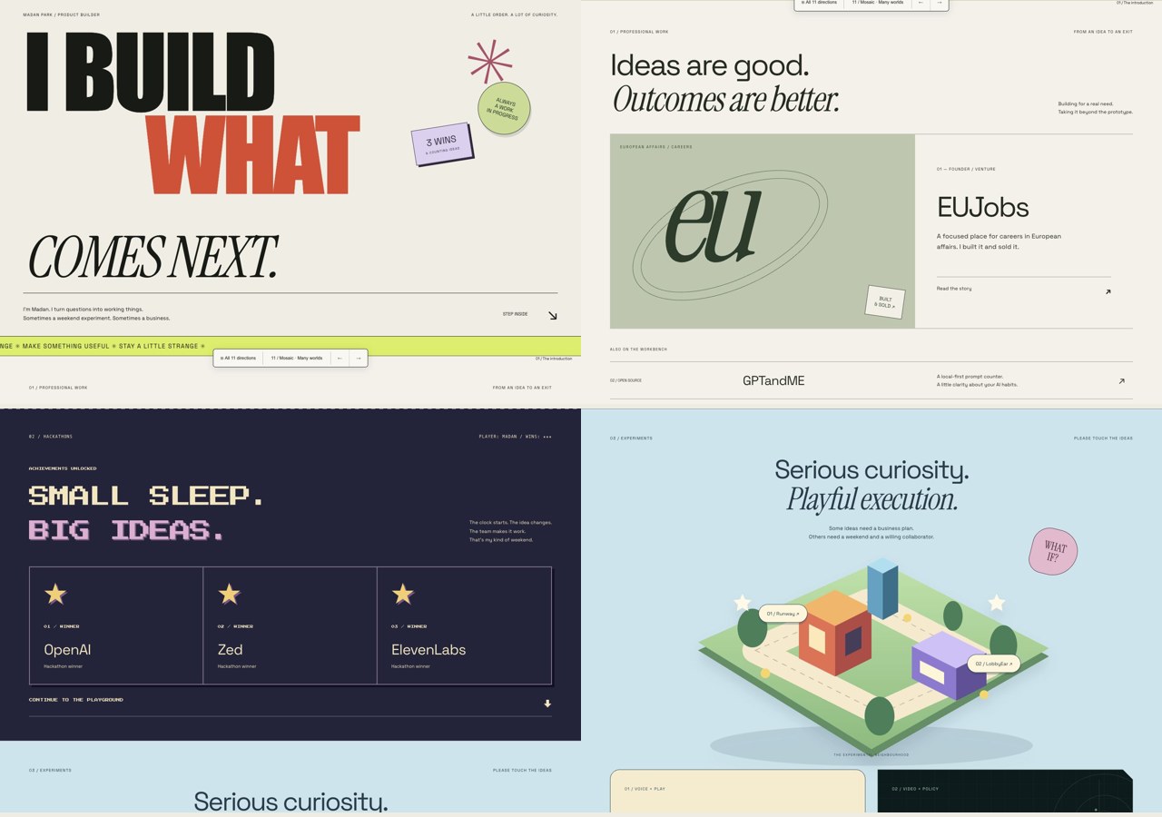 Mosaic combines bold typography, editorial work, arcade wins, and an illustrated playground