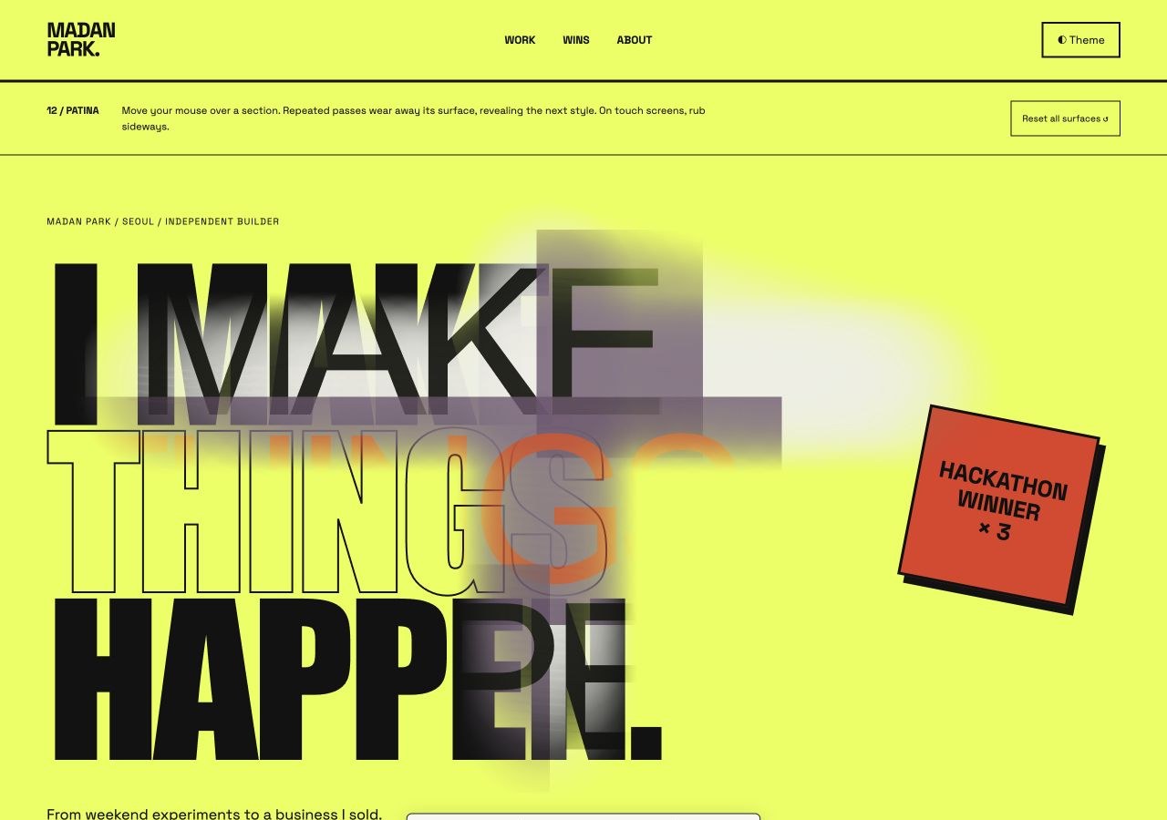 Raw's yellow brutalist surface wearing away to reveal a restrained editorial style beneath